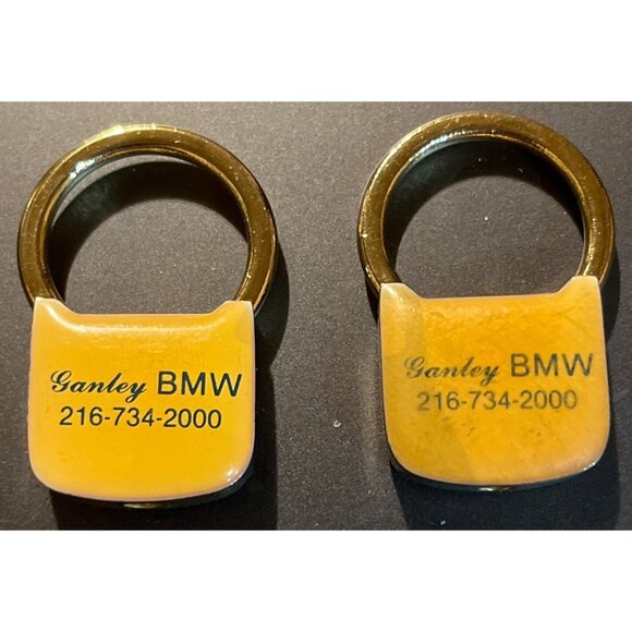 Set Of 2 Ganley BMW Keychain Rings Yellow w/ Logo & Contact Info, Metal Design - Picture 2 of 3